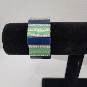J CREW Navy Blue Turquoise Acrylic Rhinestone Stretch Bracelet Gold Tone Chunky